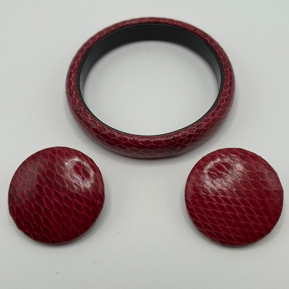 Vintage Burgundy Snakeskin Print Bangle Bracelet and Clip On Earrings Set